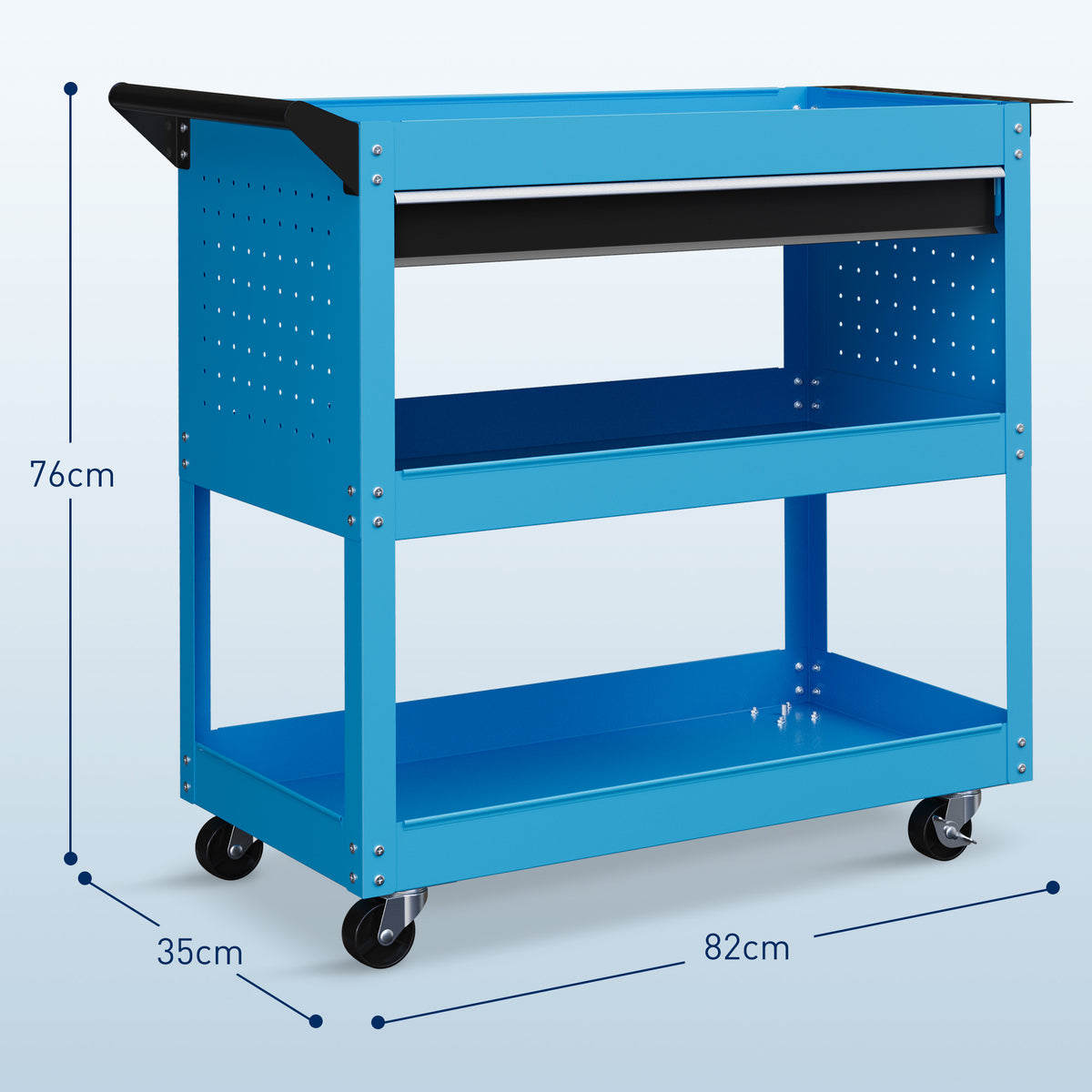 Carrello Porta Attrezzi con Manico Laterale, Cassetto e 3 Ripiani in Acciaio, 82x35x76 cm, Blu