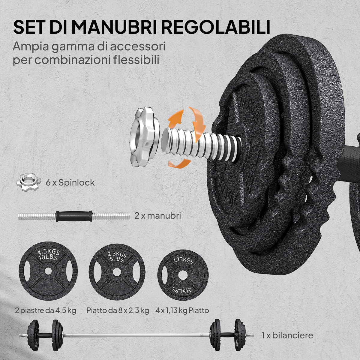 Pesi per Palestra 2 in 1 da 42 kg con 14 Dischi, Bilanciere e Manubri, in Acciaio, 180x24x24 cm, Nero