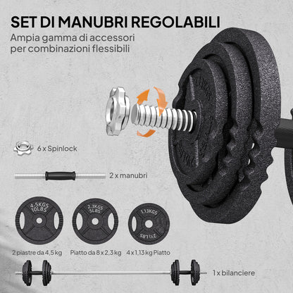 Pesi per Palestra 2 in 1 da 42 kg con 14 Dischi, Bilanciere e Manubri, in Acciaio, 180x24x24 cm, Nero