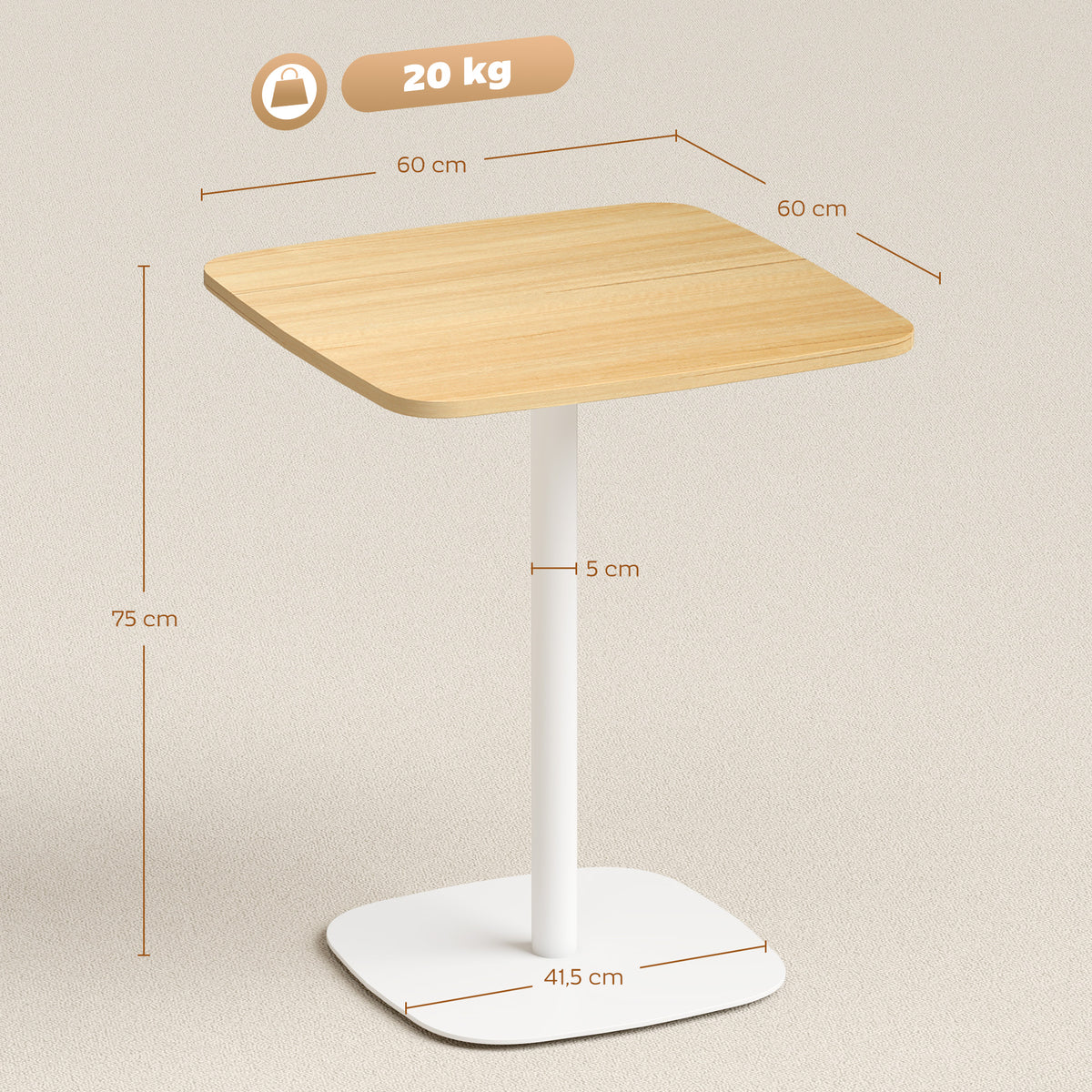 Tavolo da Pranzo Piccolo Quadrato 60 cm, Tavolo Cucina con Piano Effetto Legno, Base in Acciaio e Piedini Antiscivolo, Legno Naturale