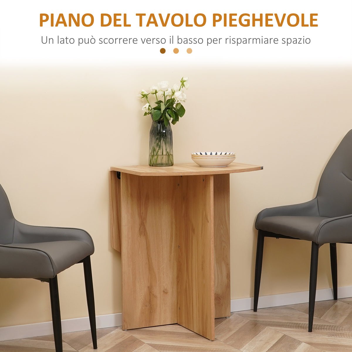 Tavolo da Pranzo Pieghevole Salvaspazio in Legno, 90x60x74cm, Quercia