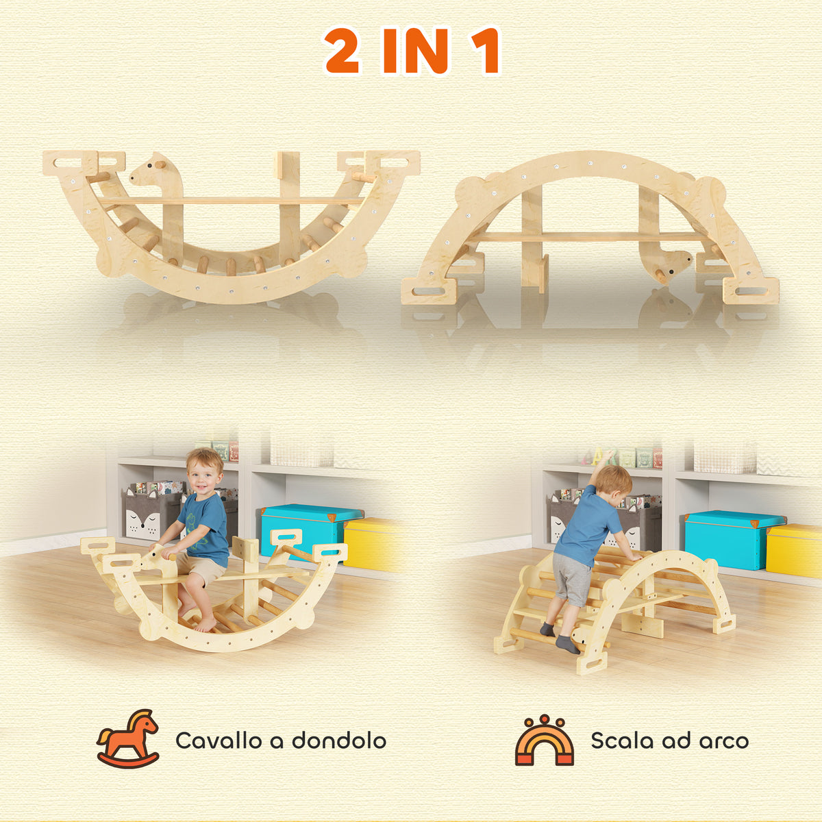 Arco Montessori in Legno per Bambini 2-4 Anni Convertibile in Dondolo 110x52x45 cm, color Legno