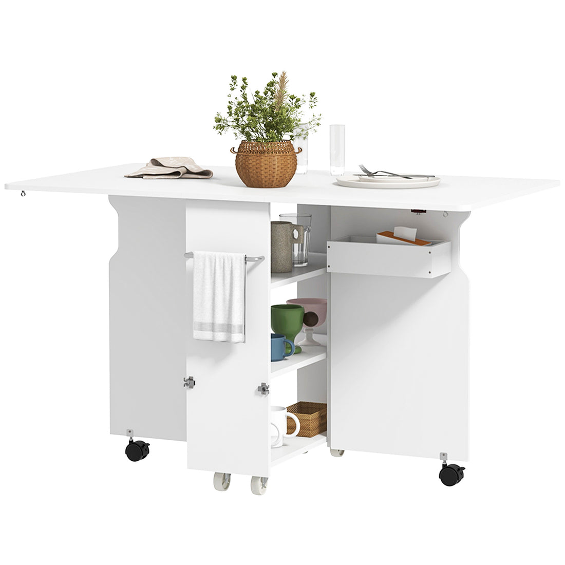 Tavolo a Ribalta Pieghevole con Ripiani a 3 Livelli, Box e Rotelle, in MDF, 130x80x76.5 cm, Bianco
