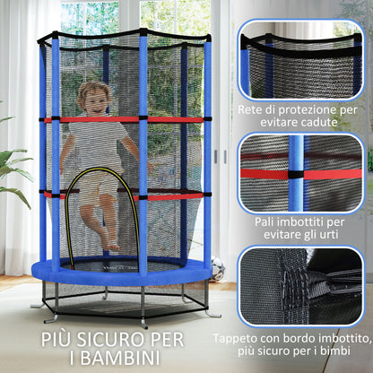 Tappeto Elastico per Bambini 3-6 Anni con Rete di Protezione, 6 Colonne e 3 Ingressi, 140x190 cm, Blu e Nero