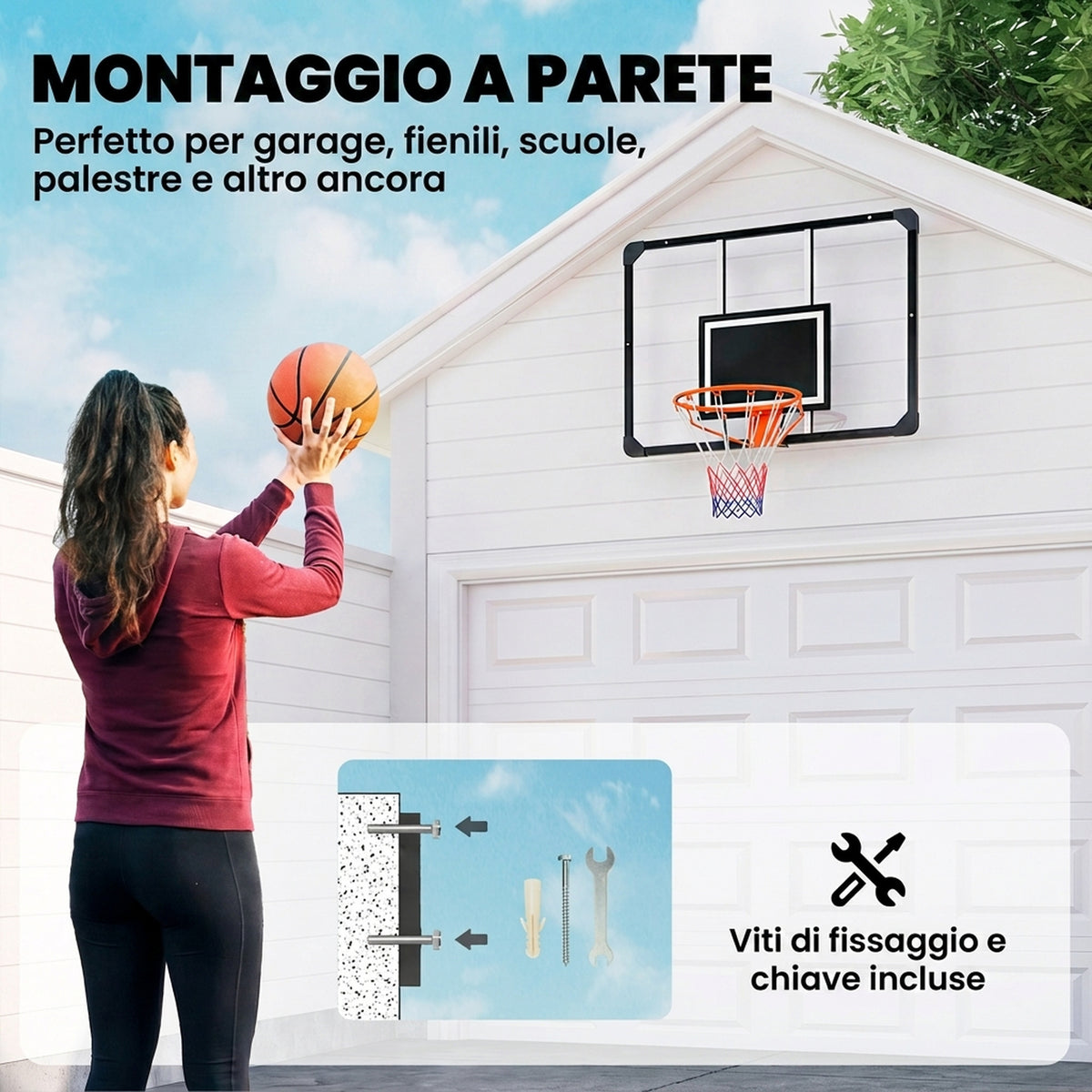 Canestro Basket Esterno a Parete 113x73 cm, Cerchio 45 cm e Rete, Nero