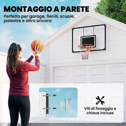 Canestro Basket Esterno a Parete 113x73 cm, Cerchio 45 cm e Rete, Nero