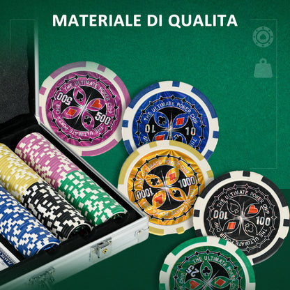 Set Poker per 7-8 Giocatori con 300 Fiches, 2 Mazzi di Carte e 5 Dadi, in Alluminio e Poliestere
