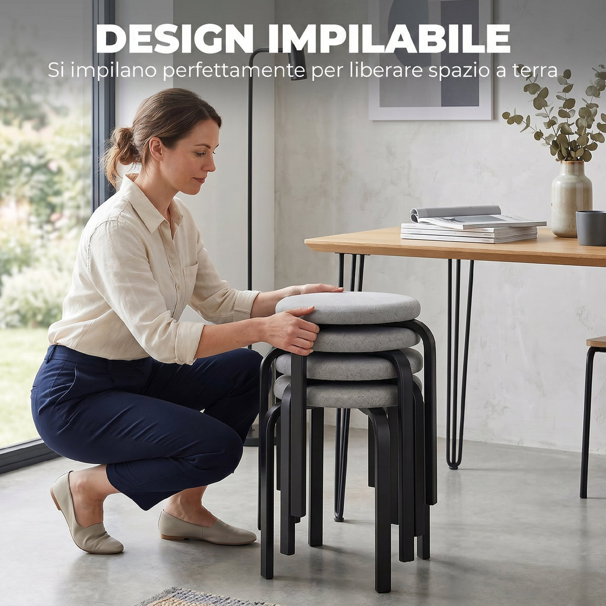 Set di 4 Sgabelli Impilabili Moderni con Cuscino Tondi, Grigio