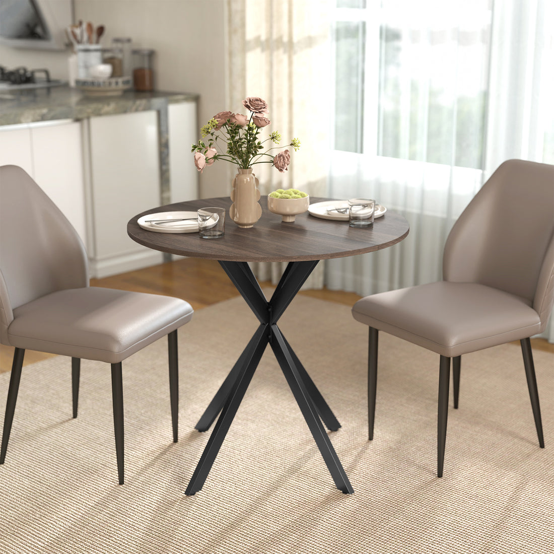 Tavolo da Pranzo Rotondo Stile Industriale con Gambe a Croce in Acciaio, 80x75 cm, Marrone