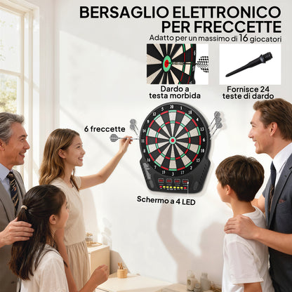 Bersaglio Freccette con 6 Freccette, Alimentatore, 4 Display LED e 27 Giochi, in ABS e PP, 44x51.5x3.2 cm, Nero