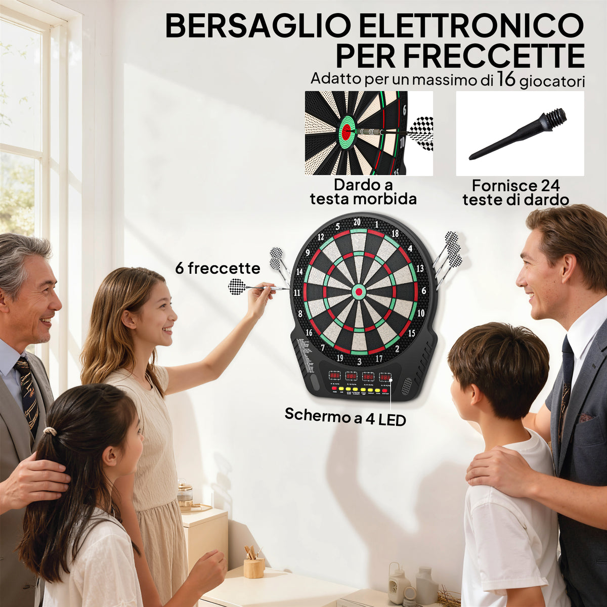 Bersaglio Freccette con 6 Freccette, Alimentatore, 4 Display LED e 27 Giochi, in ABS e PP, 44x51.5x3.2 cm, Nero