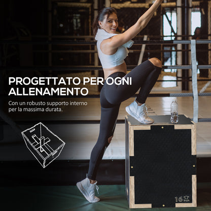 Box Jump Pliometrico a 3 Altezze in Legno Antiscivolo, 41-36-31cm, Nero