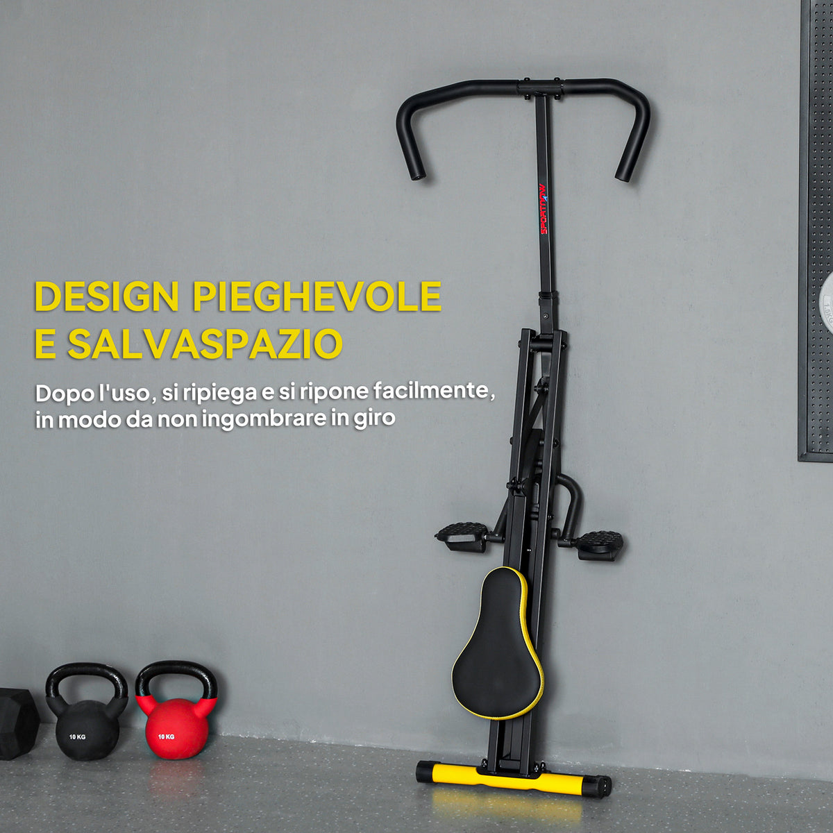 Macchina Total Crunch Pieghevole con Seduta Regolabile, in Metallo e Plastica, 57x105x115 cm, Giallo