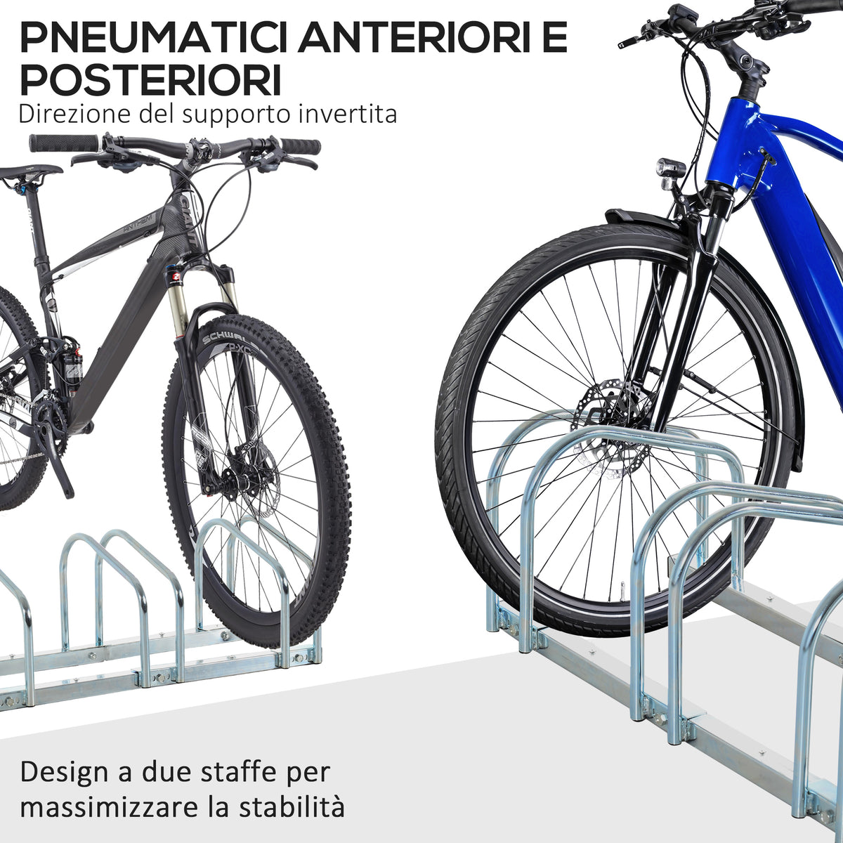 Rastrelliera Portabiciclette Parcheggio per 4 Biciclette in Acciaio, 110x33x27 cm, Argento