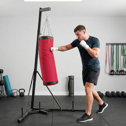 Supporto Sacco Boxe Regolabile con Base Triangolare e Sacco da Boxe, in Acciaio e Tela, 175x91x185-231 cm, Rosso