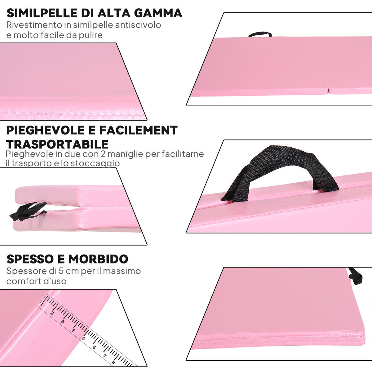 Tappetino da Ginnastica Pieghevole, Materassino Fitness Spesso 5 cm e Antiscivolo, 180x60x5 cm, Rosa