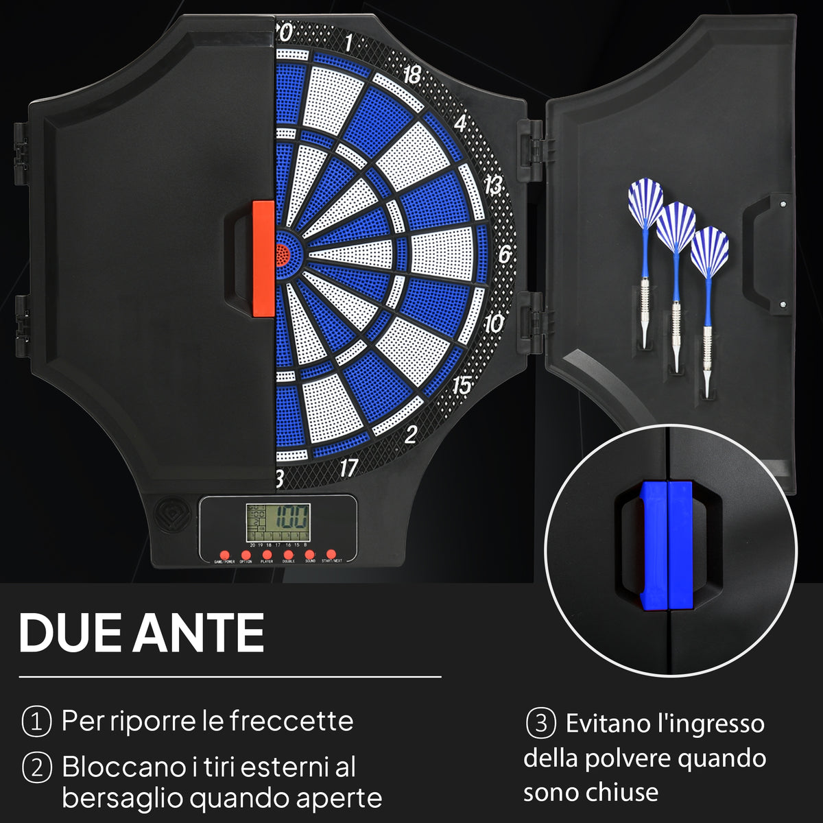 Bersaglio Freccette Elettronico con 6 Freccette e Monitor LCD per 31 Giochi, 83x45x4 cm, Nero e Blu
