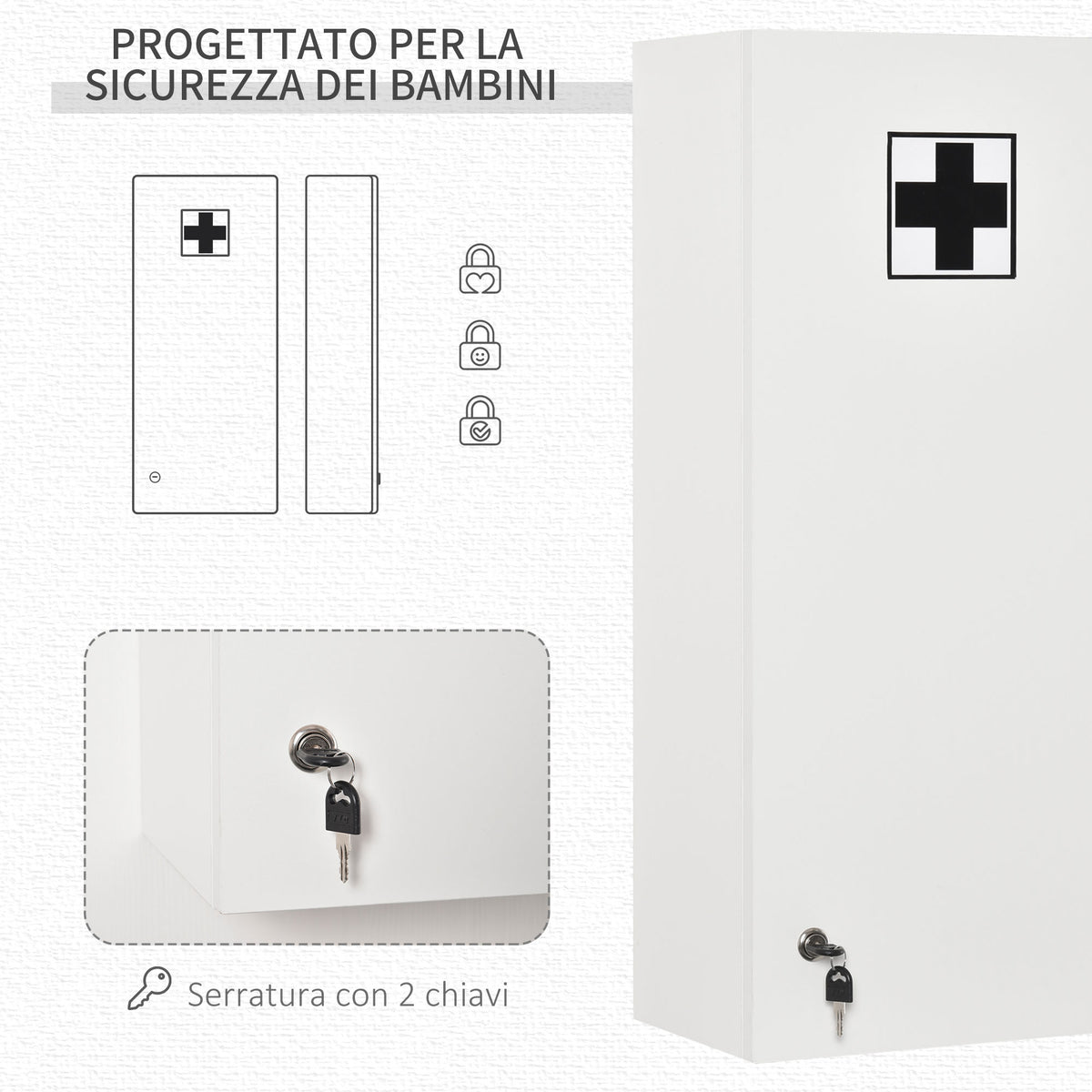 Armadietto Medicinali a Muro con Serratura, 5 Ripiani e Mensole Regolabili, in Legno e Vetro, Bianco, 30x20x70cm