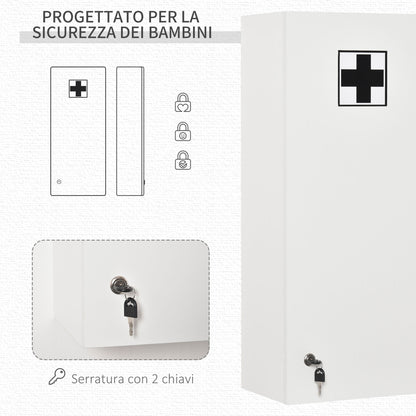Armadietto Medicinali a Muro con Serratura, 5 Ripiani e Mensole Regolabili, in Legno e Vetro, Bianco, 30x20x70cm
