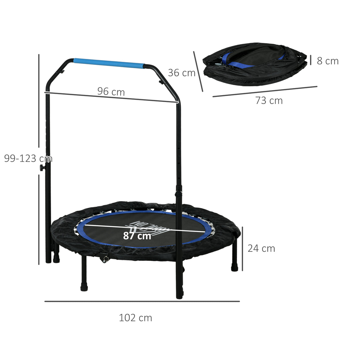 Mini Trampolino Fitness 102 cm Pieghevole con Manubrio Regolabile in Altezza, Blu