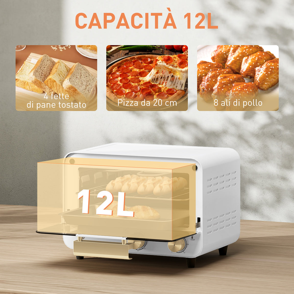 Fornetto Elettrico 12L con Timer e Temperatura Regolabile, in Acciaio e Plastica, 31.5x27.7x22.7 cm, Bianco e Oro