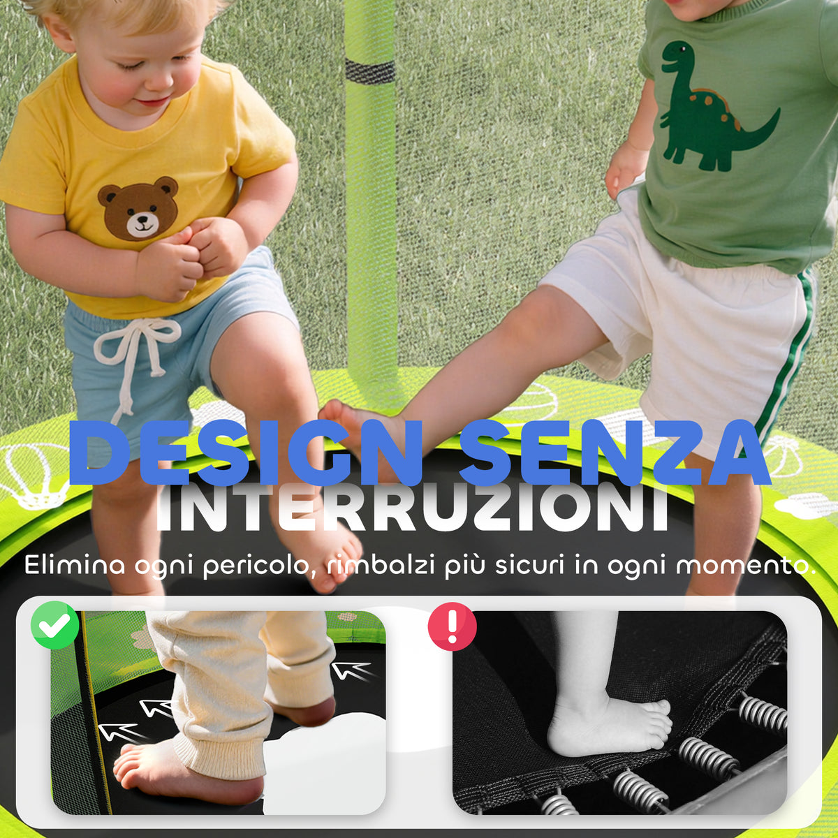 Trampolino Elastico per Bambini 140 cm con Rete di Sicurezza e Disegni, Età 3-6 Anni, Verde
