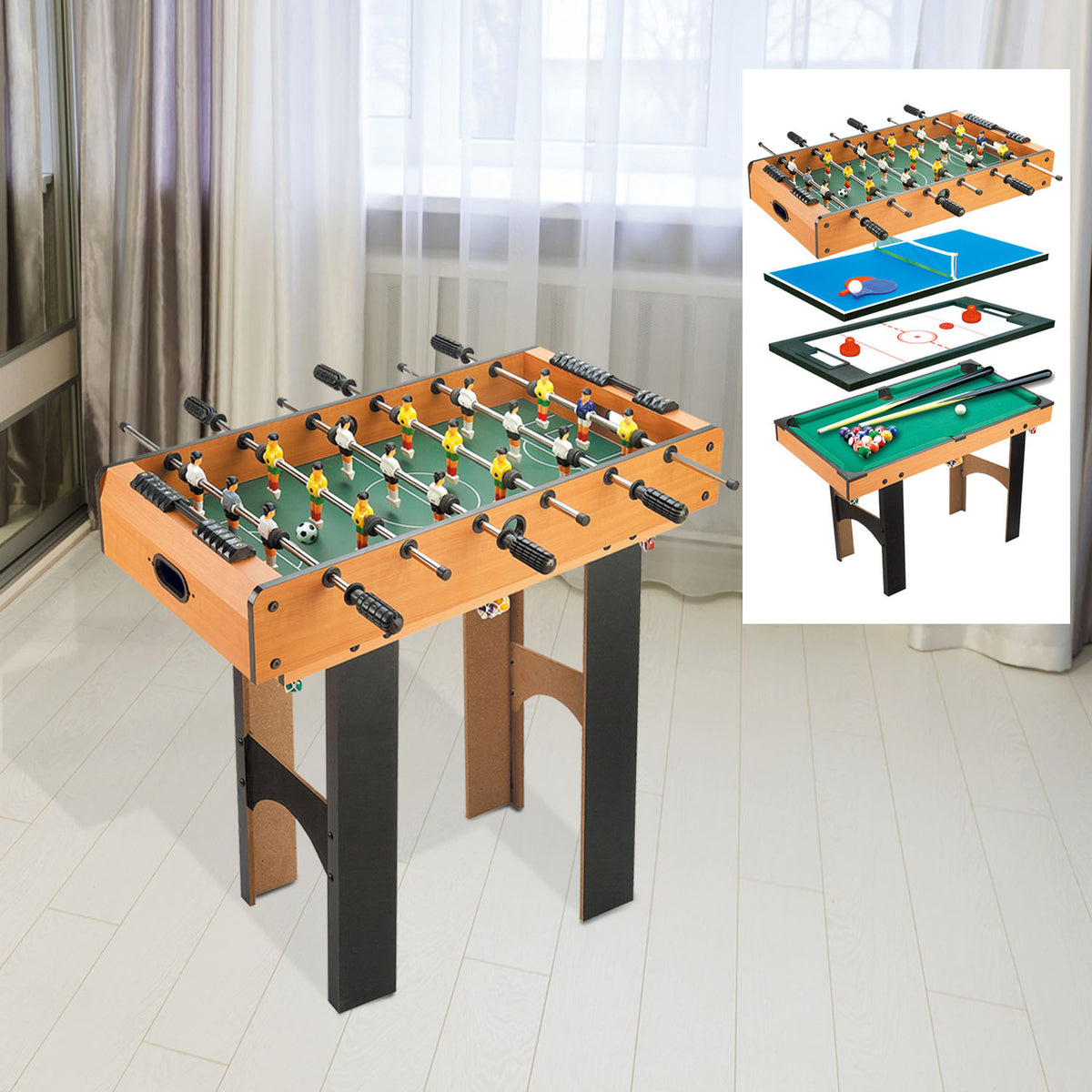 Tavolo Multigioco 4 in 1 con Calcio Balilla, Hockey da Tavolo, Ping Pong e Biliardo in MDF, 92x78x80cm