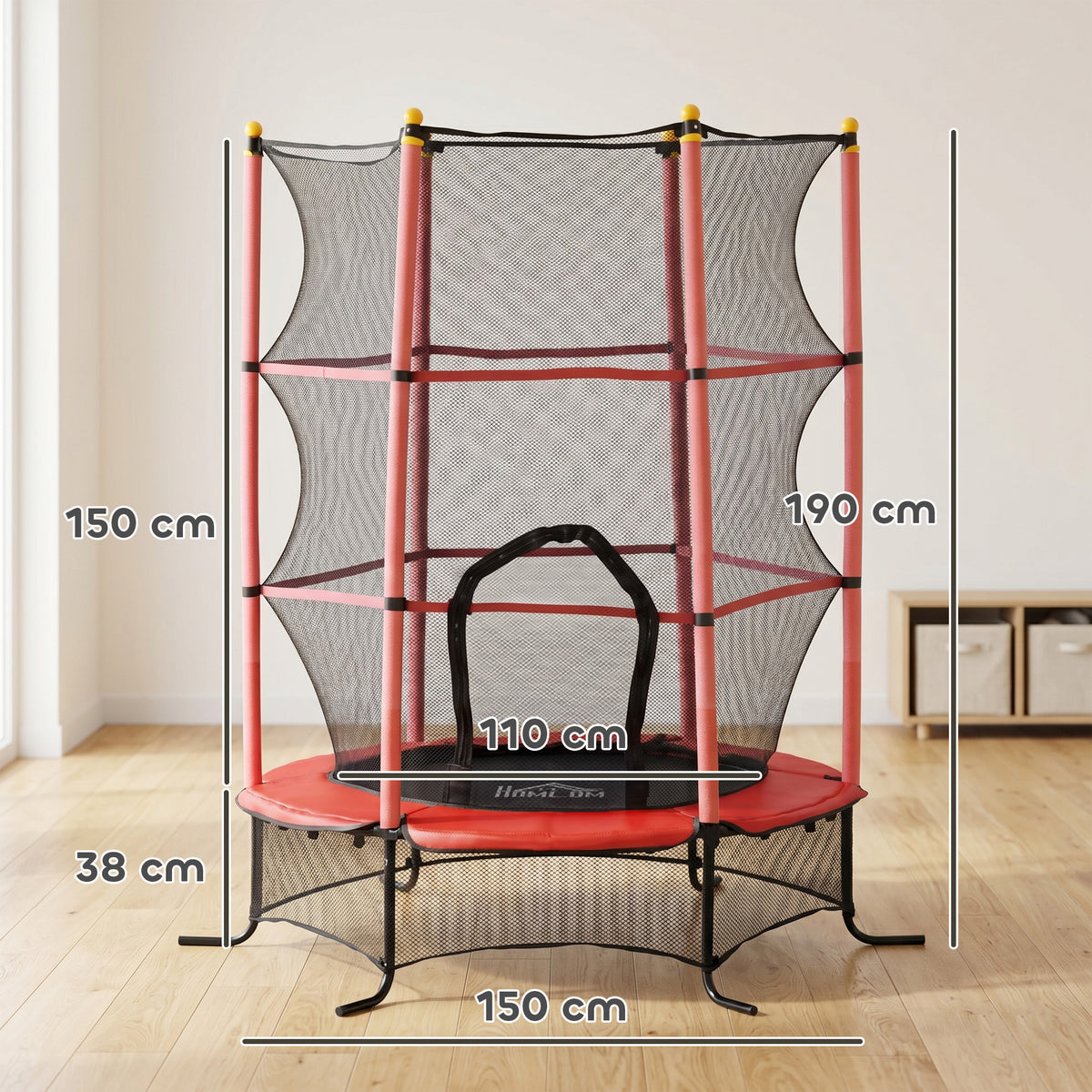 Trampolino Elastico per Bambini 1.6x1.9 m con Rete di Sicurezza e Pali Imbottiti, Età 3-10 Anni, Rosso