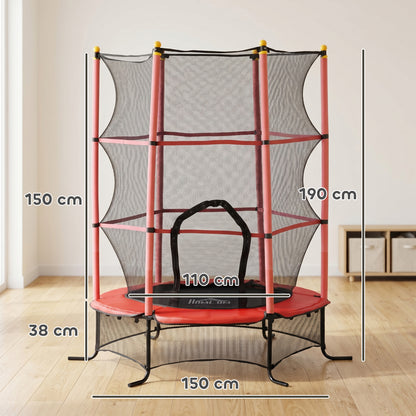 Trampolino Elastico per Bambini 1.6x1.9 m con Rete di Sicurezza e Pali Imbottiti, Età 3-10 Anni, Rosso