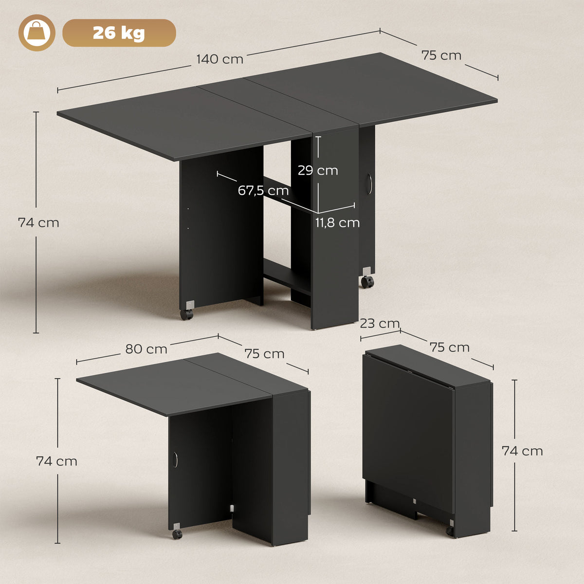 Tavolo Pieghevole in Legno per 4-6 Persone con Ruote, 75x140x74cm, Nero