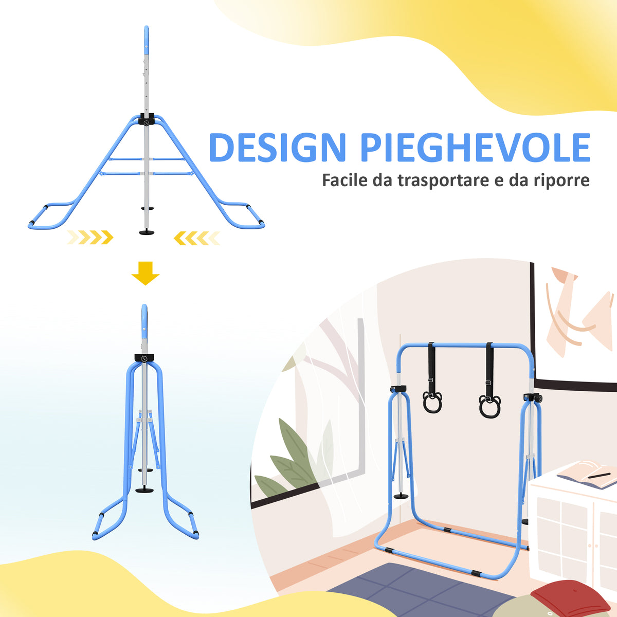 Sbarra Ginnastica Artistica per Bambini ad Altezza Regolabile con 2 Anelli, in Acciaio, 148x105x88-128 cm, Blu