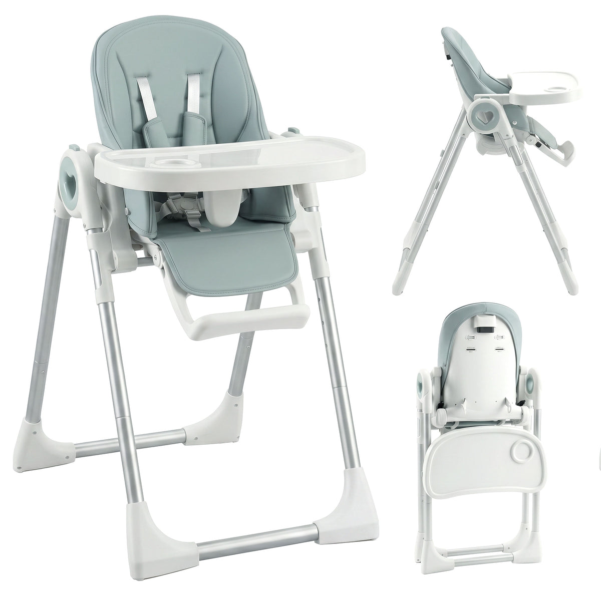 Seggiolone Pappa Pieghevole per Bambini 6-36 Mesi, Altezza Regolabile, Doppio Vassoio Lavabile e Ruote, Verde