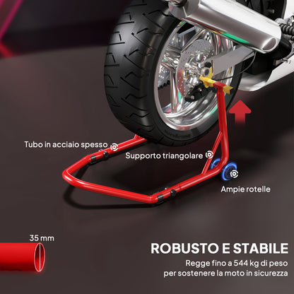Cavalletto per Moto con Capacità di 544 kg, Forcelle Regolabili a U e L, Rotelle e Cuscinetti Antiscivolo, Rosso