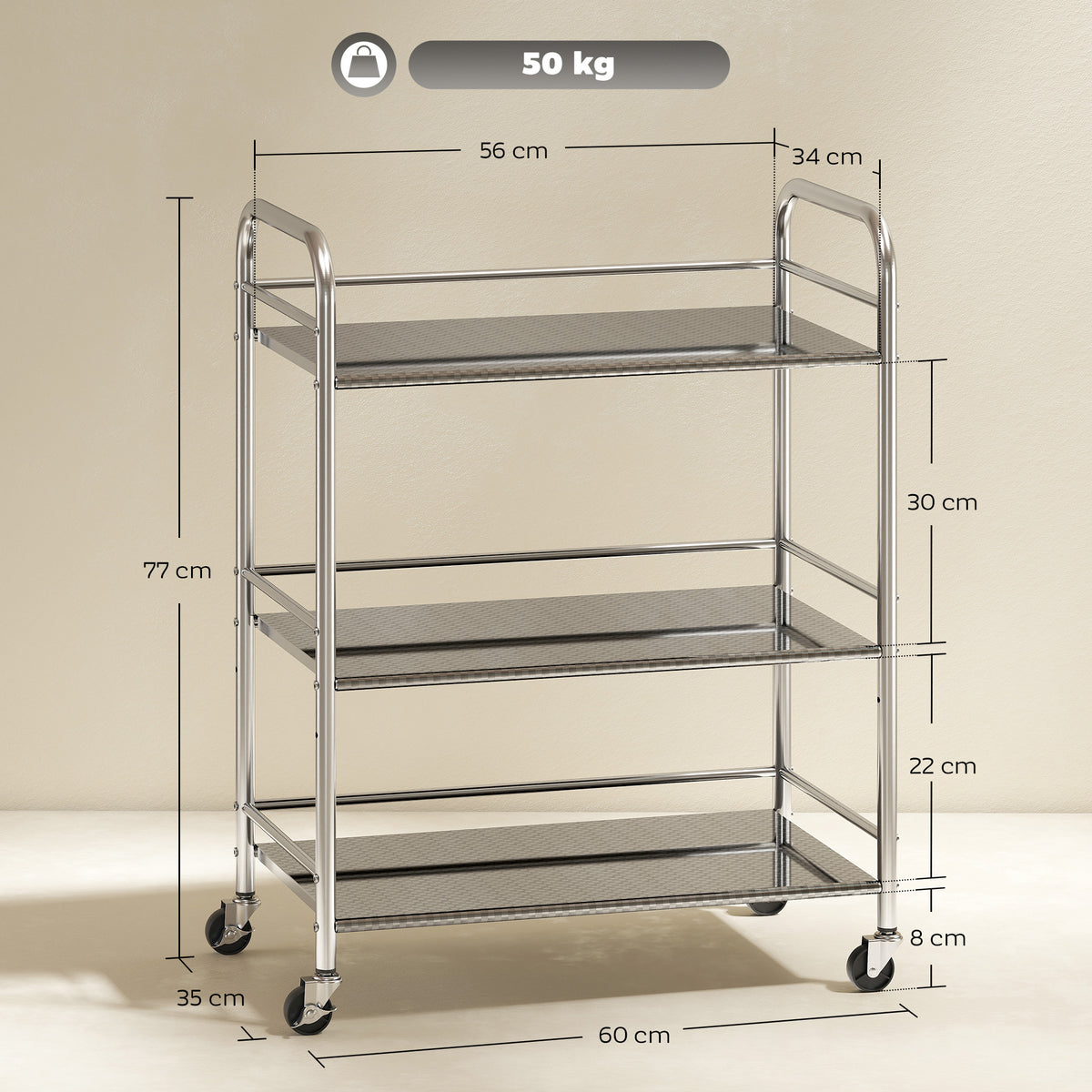 Carrello Multiuso a 4 Livelli con Ripiano Centrale Regolabile e Bordi Rialzati, in Acciaio Inox, 60x35x77 cm