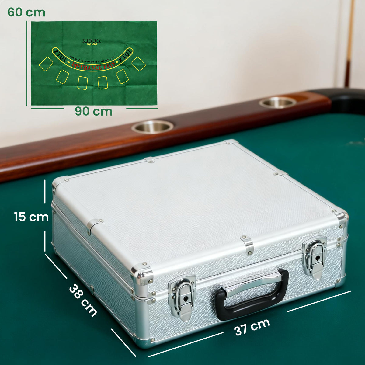 Set da Poker Completo con 500 Fiches, Mescolatore di Carte, Distributore di Carte, Tappetino, 5 Dadi, Argento
