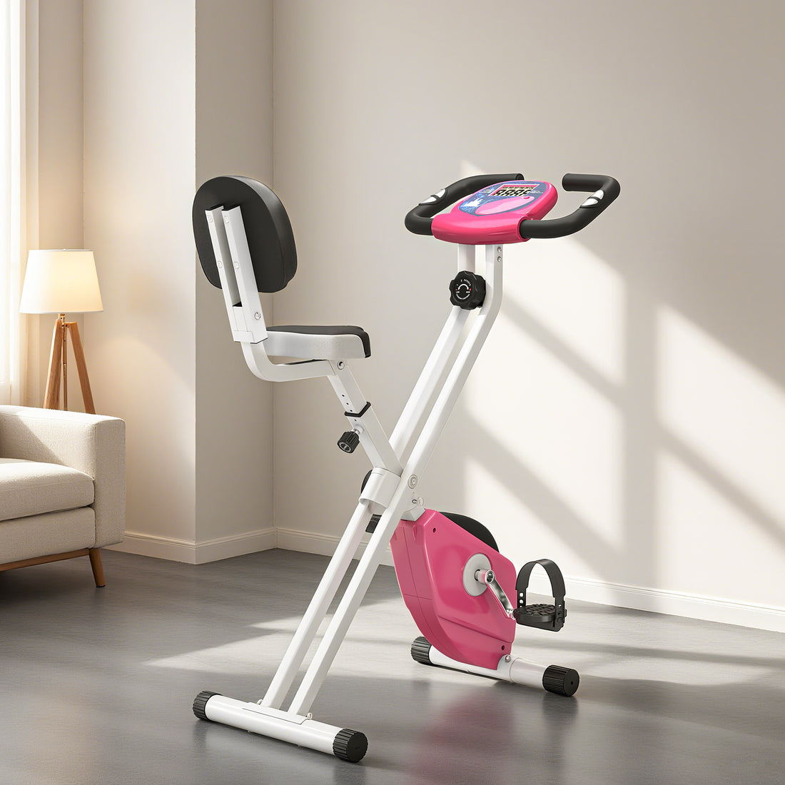 Cyclette Pieghevole da Fitness in Acciaio, Cyclette Magnetica Pieghevole da Casa con Altezza Regolabile, Resistenza Magnetica a 8 Livelli, Schermo LCD, 43x97x109cm, Rosa