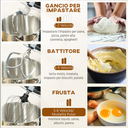 Impastatrice Planetaria 1400W con Ciotola 7L e 6 Velocità, Gancio Impastatore, Frusta e Sbattitore, Nero