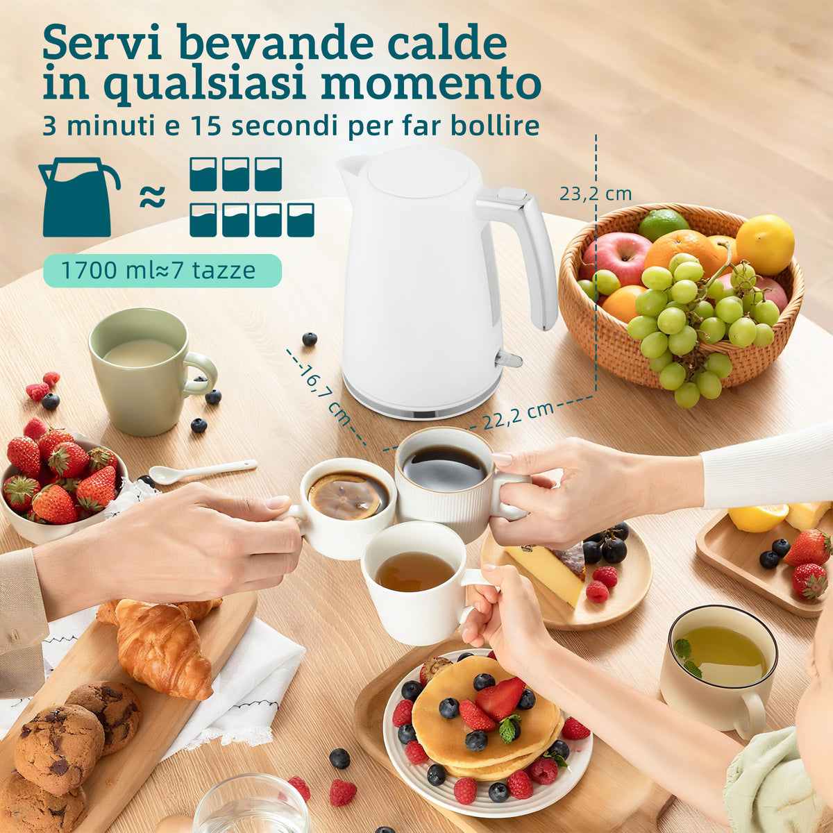 Set Bollitore Elettrico da 1.7L 2200W con Termostato e Tostapane Doppio con 7 Livelli di Doratura, Bianco