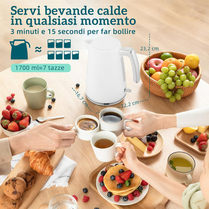 Set Bollitore Elettrico da 1.7L 2200W con Termostato e Tostapane Doppio con 7 Livelli di Doratura, Bianco