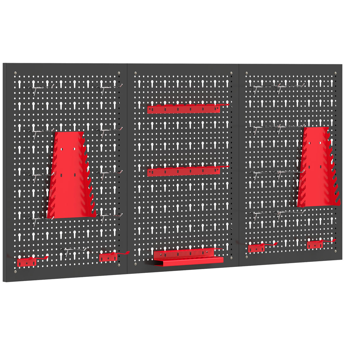Set 3 Pannelli Porta Attrezzi da Parete in Acciaio con 9 Supporti e 16 Ganci, Nero e Rosso