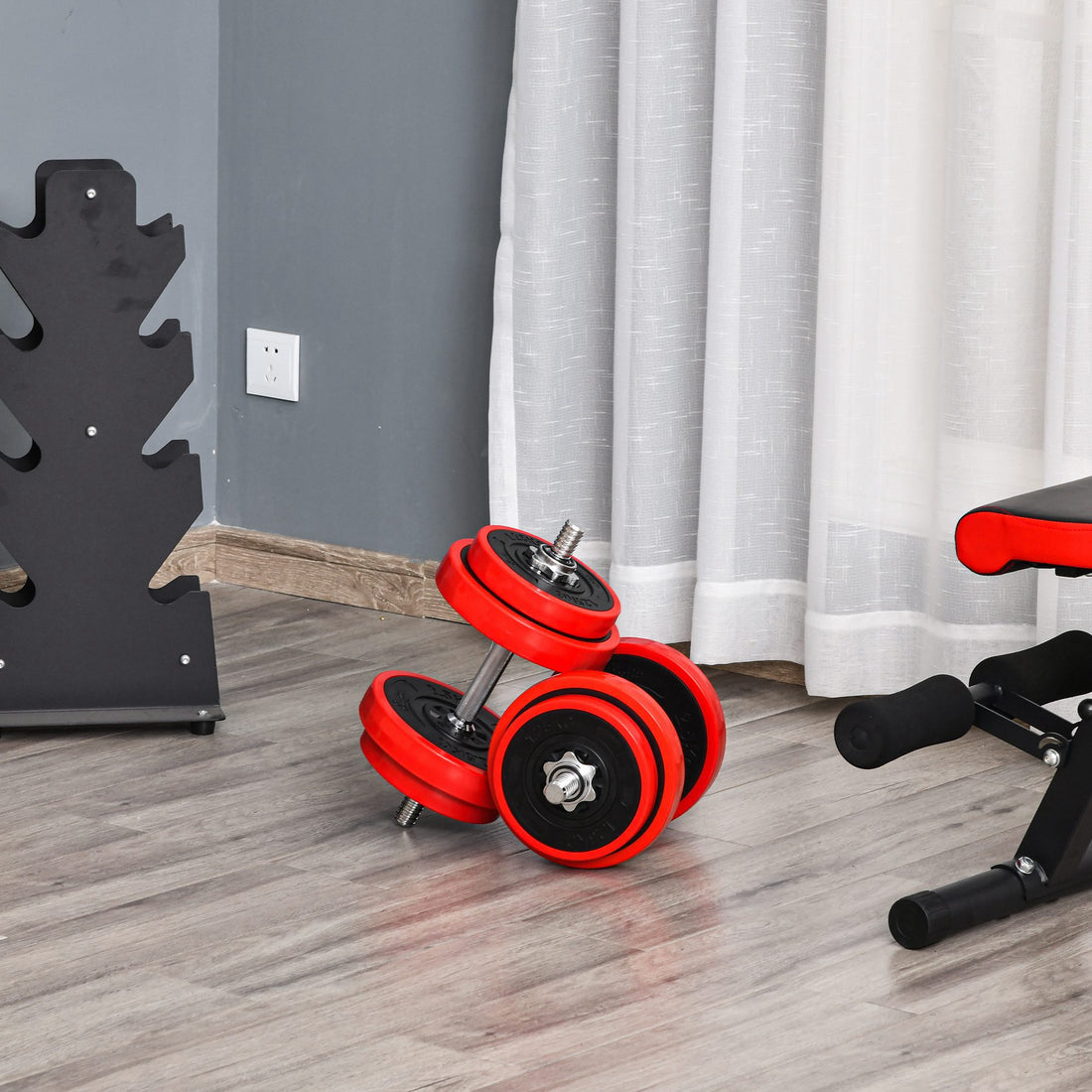 Set 2 in 1 Bilanciere e Manubri Pesi da 20kg, Dischi con Rivestimento in Plastica Antigraffio, Rosso e Nero