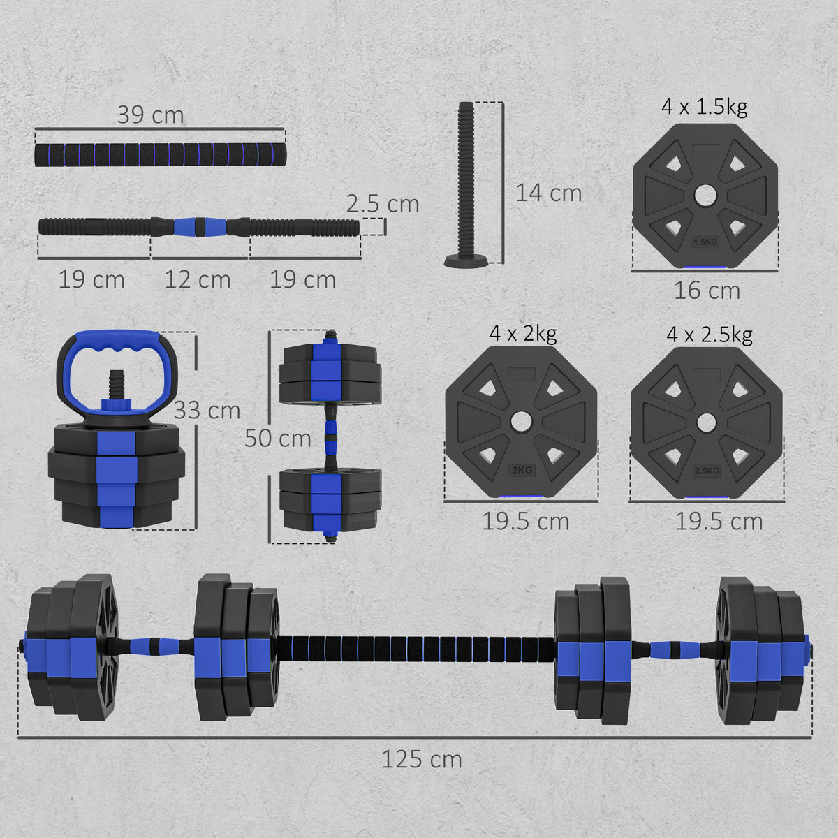 Set Pesi da Palestra 6 in 1 in Plastica e Sabbia Utilizzabile come Kettlebell Manubri Bilanciere Supporto Blu