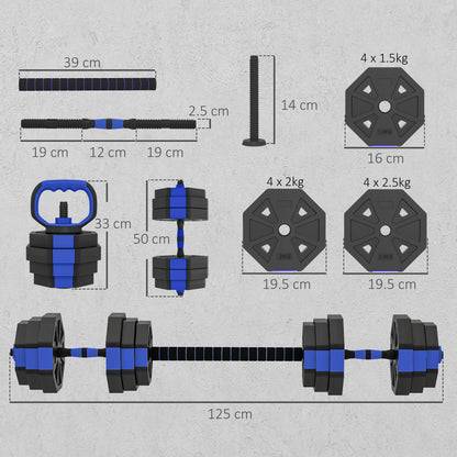 Set Pesi da Palestra 6 in 1 in Plastica e Sabbia Utilizzabile come Kettlebell Manubri Bilanciere Supporto Blu