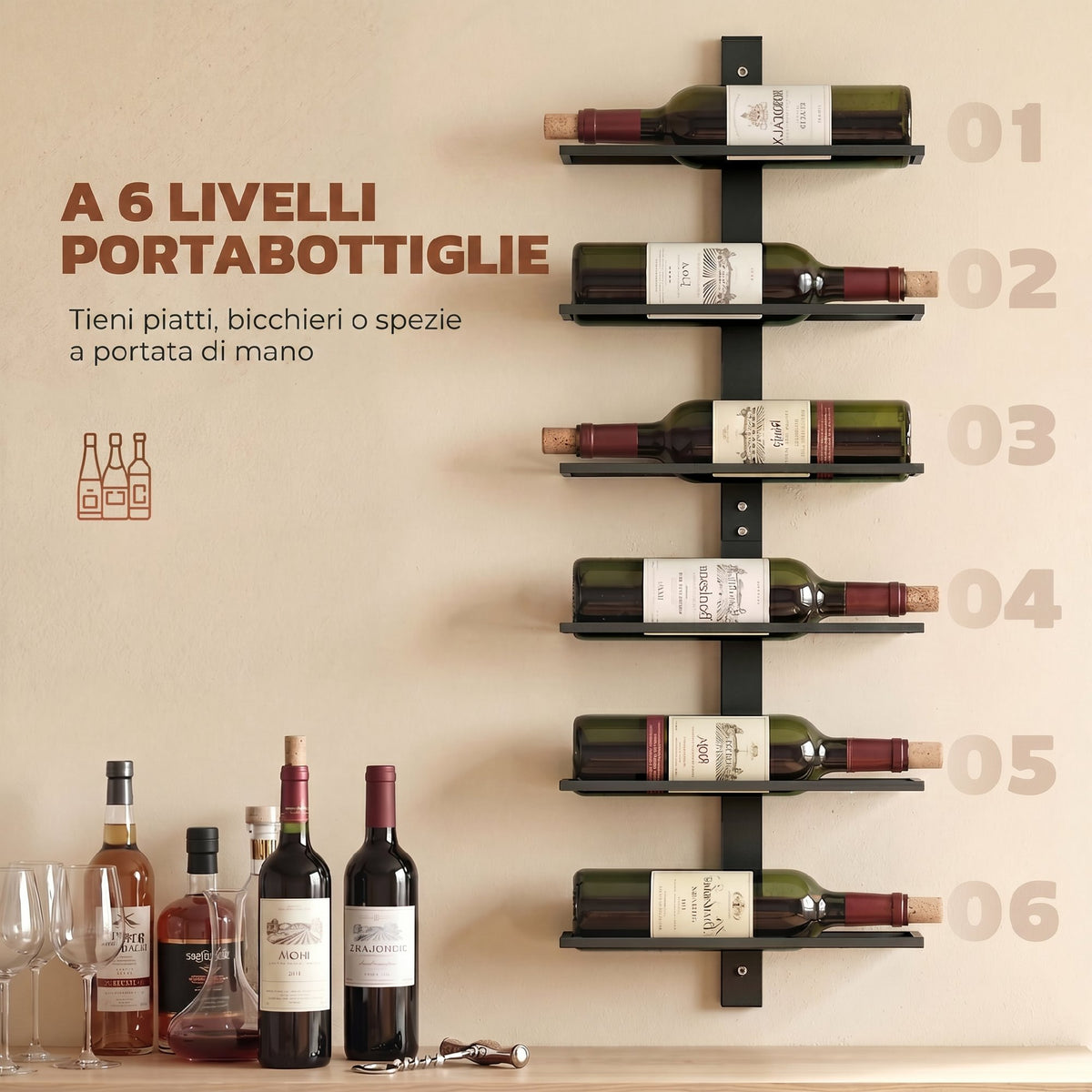 Portabottiglie da Parete in Acciaio per 6 Bottiglie di Vino, Cucina e Sala, 27x10x71 cm, Nero