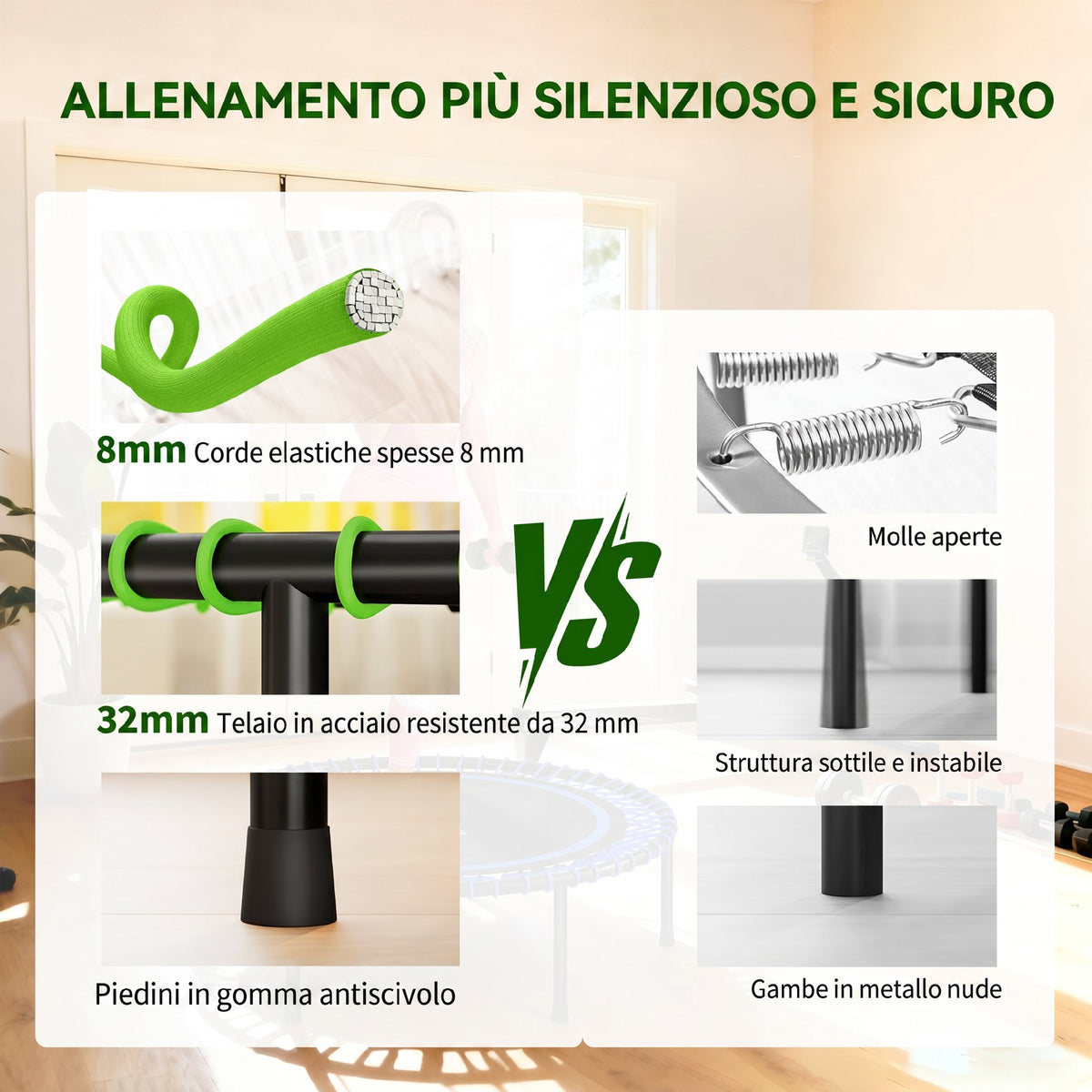 Trampolino Elastico Fitness a 36 Corde in Acciaio e PP, 114x31 cm, Verde
