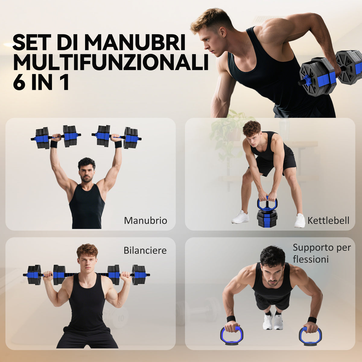 Set Pesi Palestra 6 in 1 Multifunzione da 20kg Totali in Plastica e Sabbia, 125x18x18 cm, Blu
