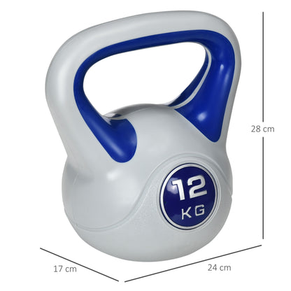 Kettlebell 12kg in PU e Sabbia con Base Piatta e Impugnatura per Stacchi, Squat e Sollevamenti, 24x17x28 cm, Blu