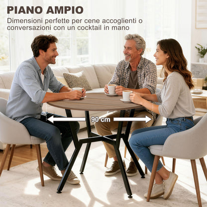 Tavolo Rotondo da Soggiorno per 2 Persone con Sostegno a X, in Legno e Acciaio, 90x76 cm, Nero e Marrone