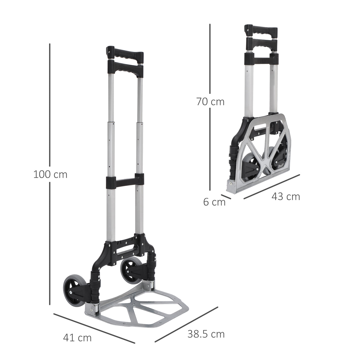 Carrello Portapacchi Pieghevole max 70kg con Maniglie Telescopiche e Altezza Regolabile, 41x38.5x100 cm, Argento