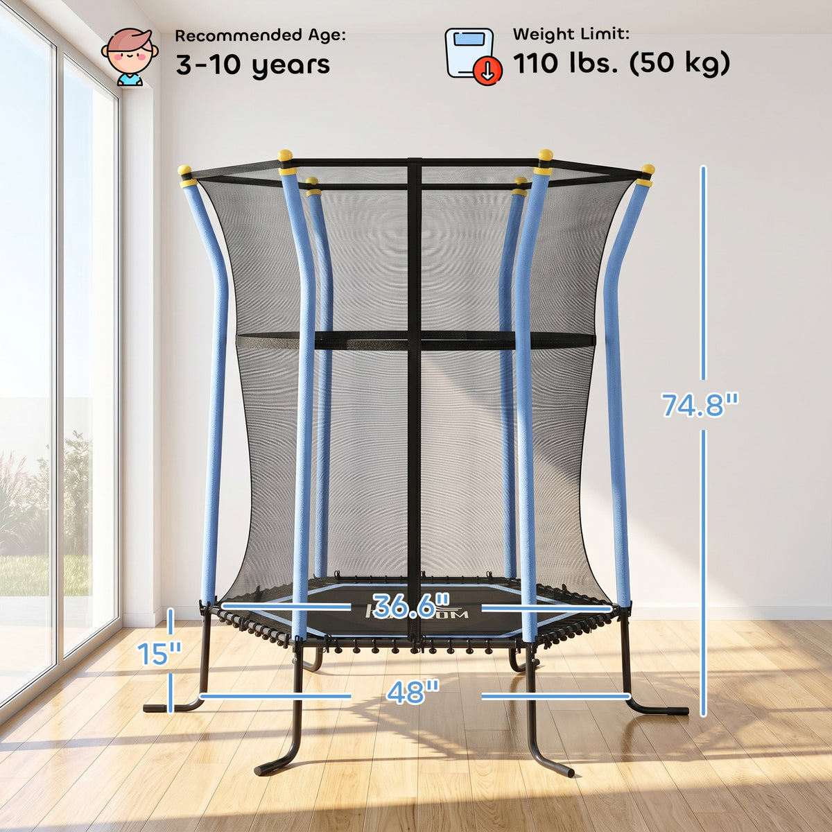Tappeto Elastico per Bambini con Ingresso a Cerniera e Pali Imbottiti, in Acciaio, PP e EPE, 122x111x190 cm, Blu